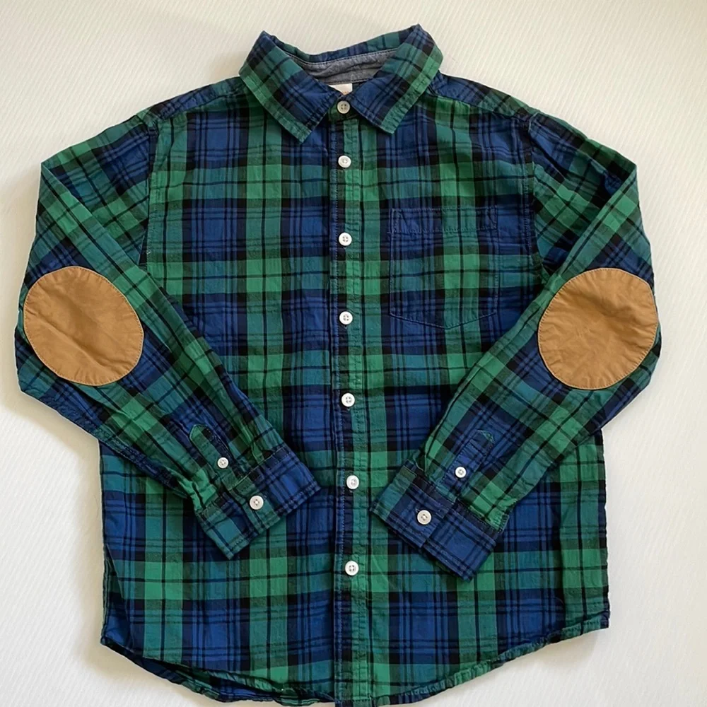 Gymboree long sleeve blue, black & green plaid button down shirt.  Boys size L